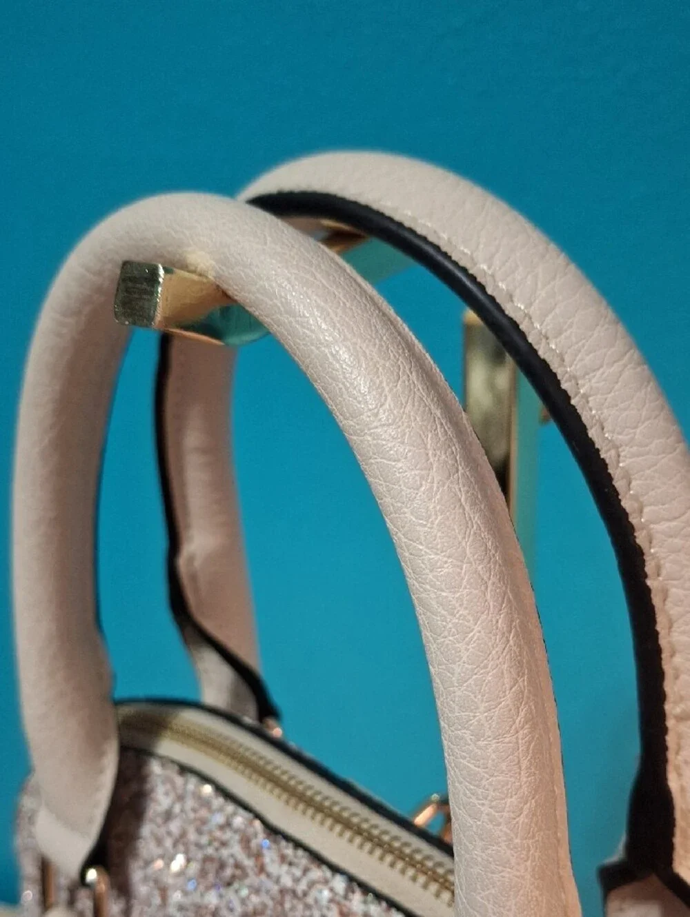 Aldo Rose Gold Glitter Satchel with Cream Handles